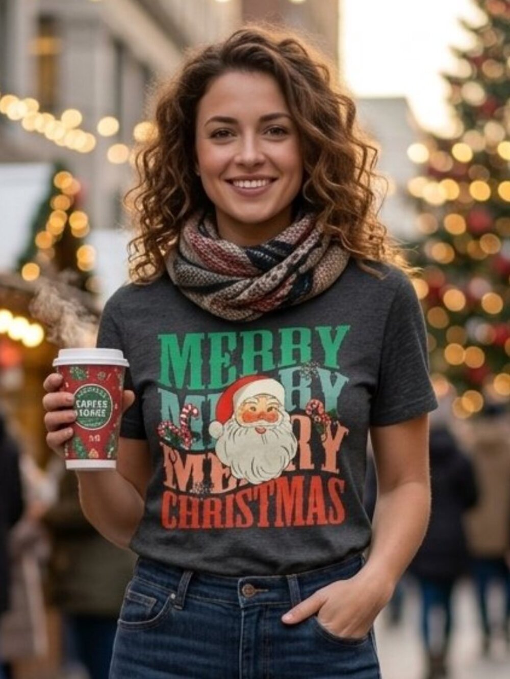 Retro Santa Merry Christmas Graphic T-Shirt Size L